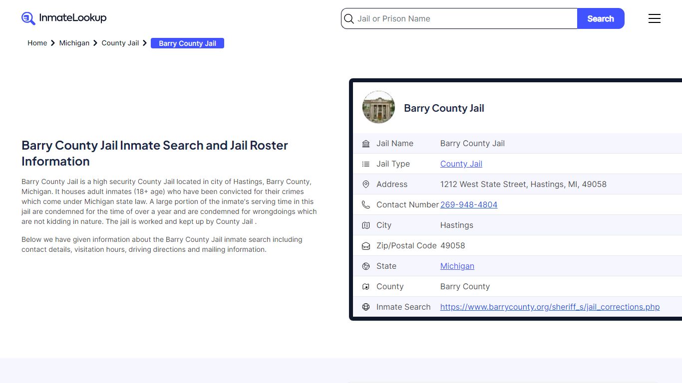 Barry County Jail (MI) Inmate Search Michigan - Inmate Lookup